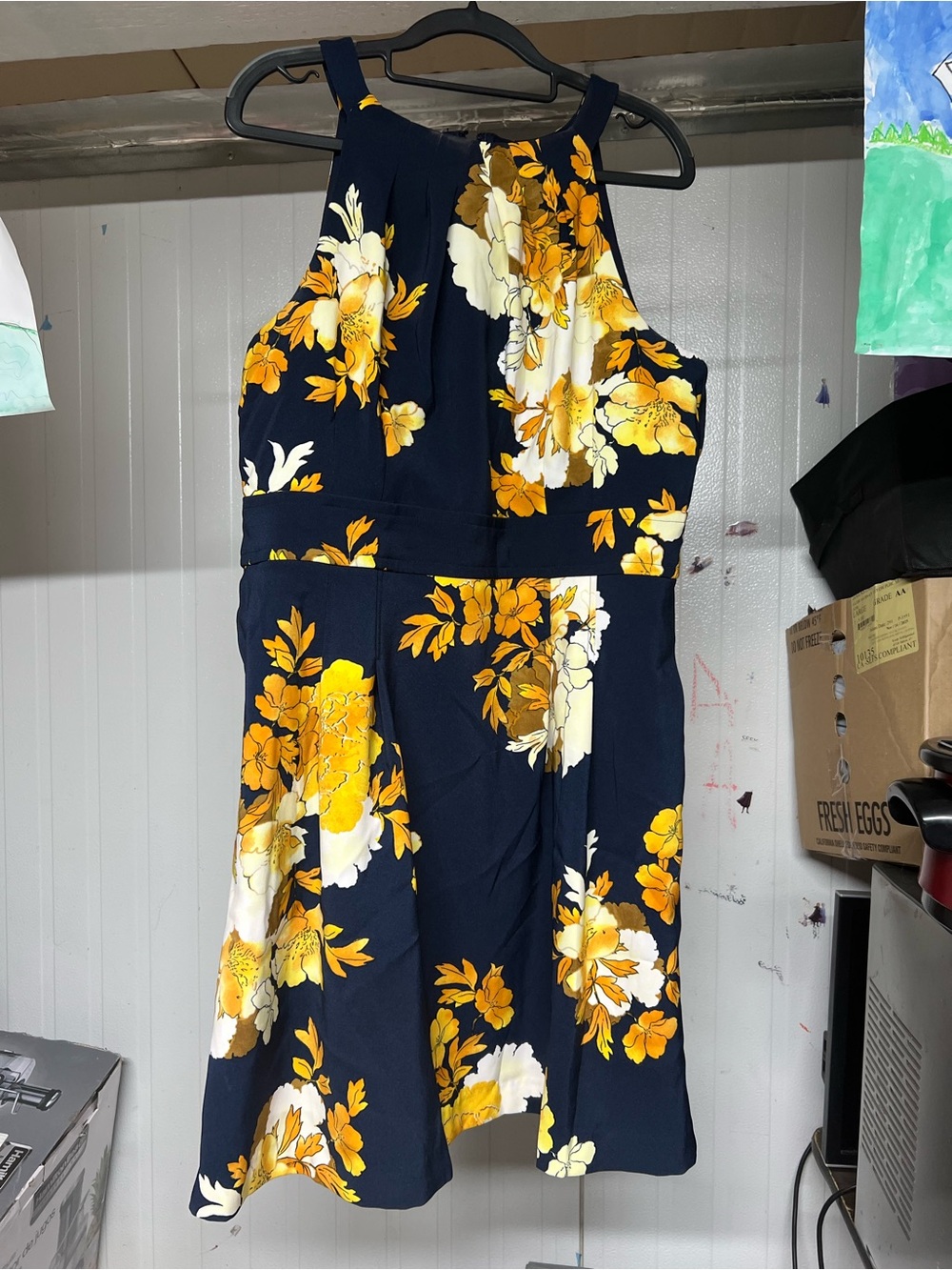 Navy Floral Halter Midi Dress with Yellow & White Blooms